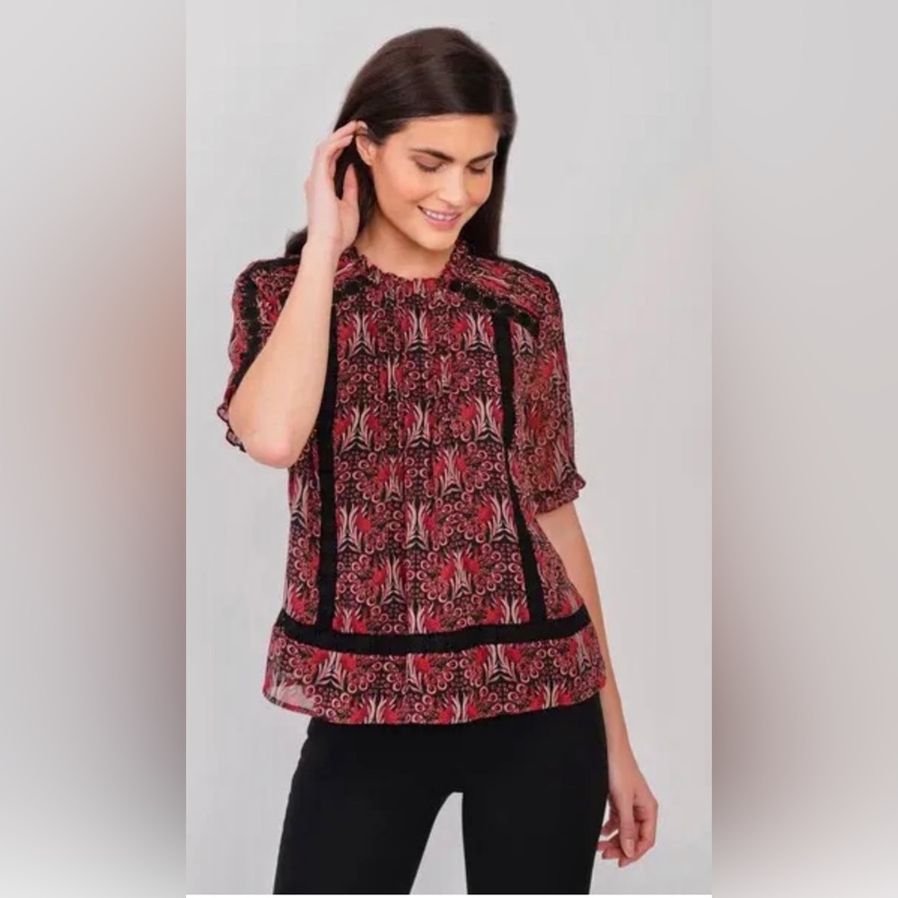 Anthropologie DANIEL RAINN Tina Peacock Red Academia Whimsygoth Blouse Size XS